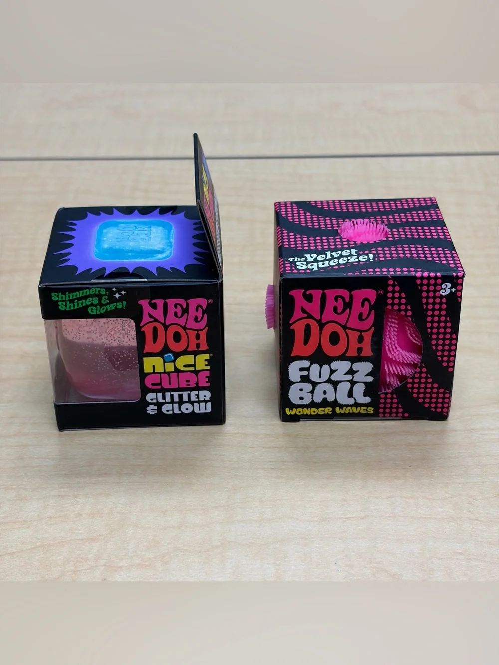 Lot of 2: Pink Needoh Fuzz Ball Wonder Wave/Nice Cube Glitter & Glow Fidget New